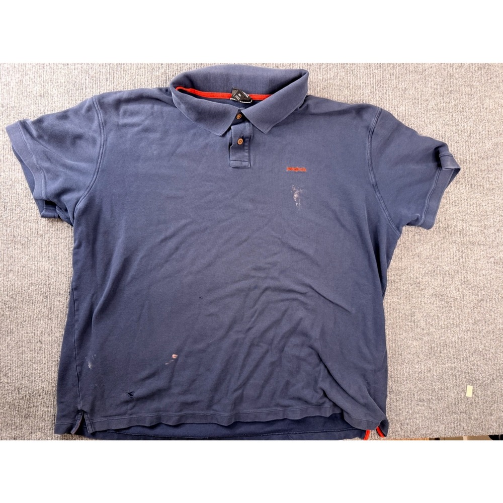 Patagonia Mens 3XL Navy Blue Organic Cotton Polo Distressed Workwear Hiking Shir